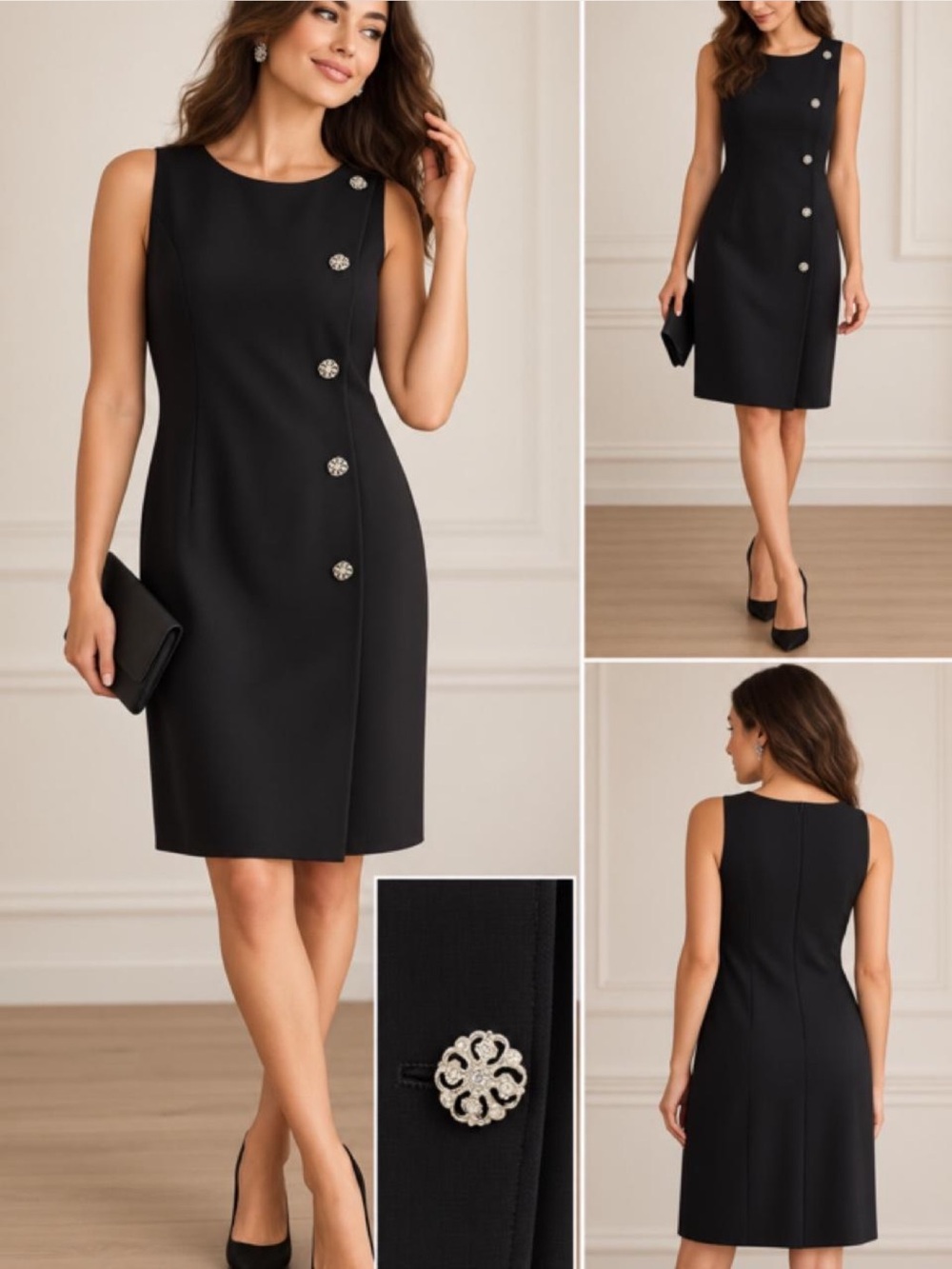 Talbots Petites Pure Silk Black Dress 10P Sleeveless Shift Sheath Ornate Silver